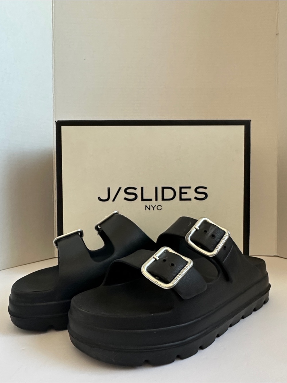 J/Slides Women’s Black Buckle Slide Sandals
